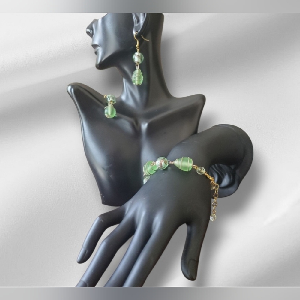 Sea Glass Green Wire Wrapped Earrings with Matching Bracelet NWT